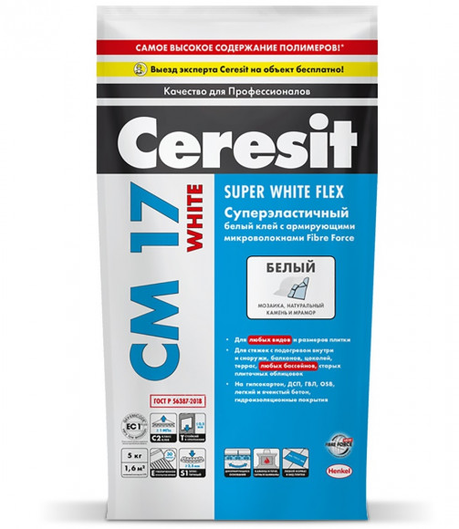 Ceresit CM 17 White Клей для плитки Суперэластичный Белый 5 кг.