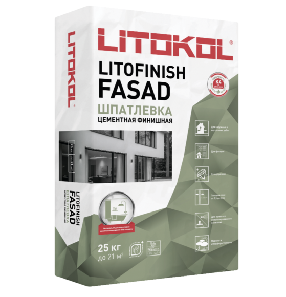 Litokol Litofinish Fasad Шпаклевка цементная 0,5-3 мм, Белый 25 кг.