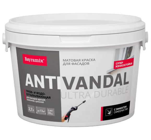 Bayramix Ultra Durable AntiVandal Краска антивандальная для фасадов Белая, 2,7 л.